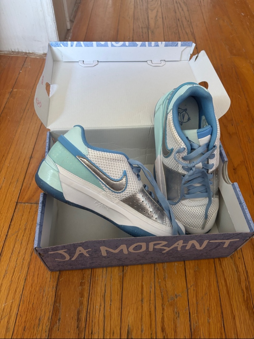 Nike Kids Light Blue, Silver & White Basketball Sneakers